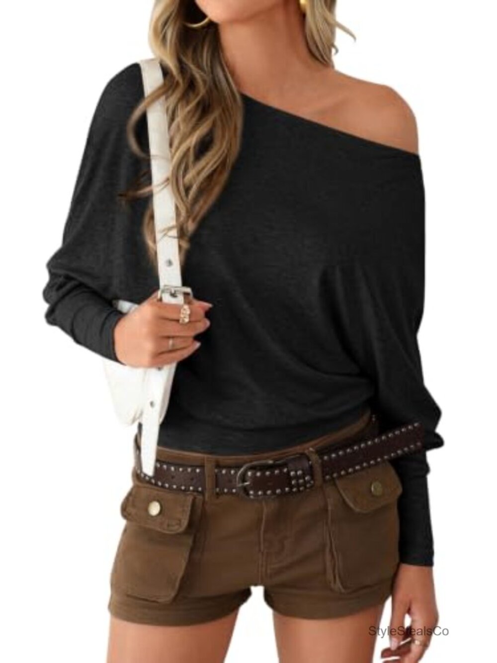 Women's Off Shoulder Batwing Sleeve Loose Fit Long Sleeve Pullover Top